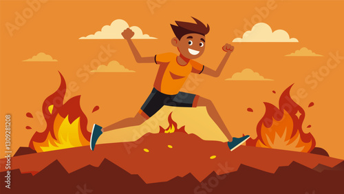 A fearless competitor leaping over a fiery mud pit their expression fierce and triumphant as they conquer one of the toughest obstacles on the course.. Vector illustration