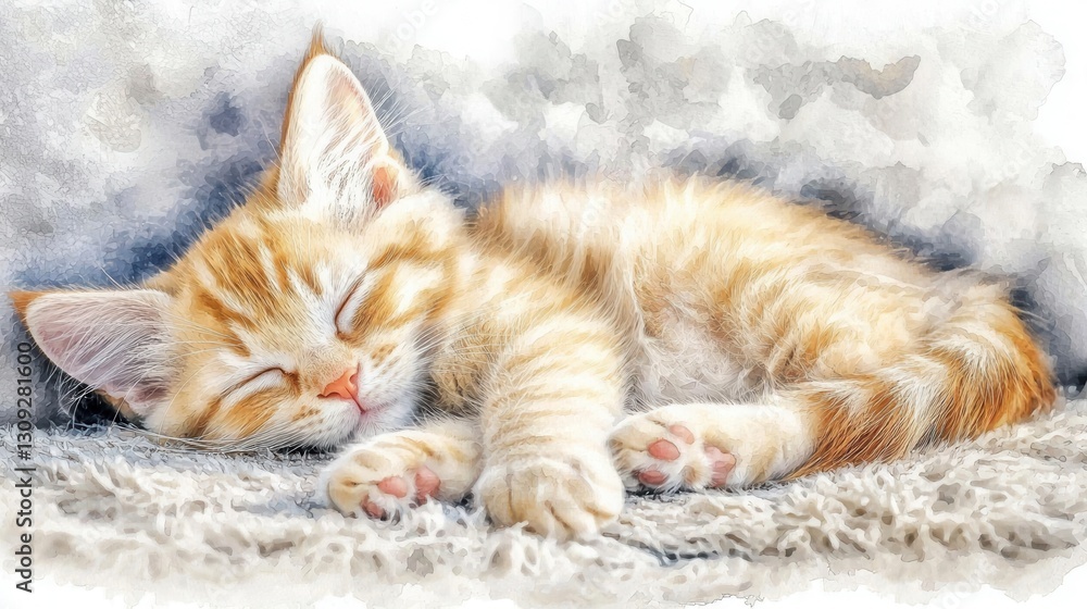 Fototapeta premium A relaxed tabby cat is stretched out and dozing on a soft fuzzy rug in a peaceful indoors setting The feline s cozy