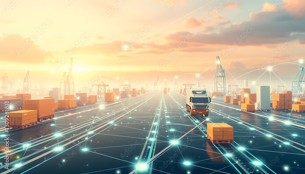 Fototapeta premium Truck carries cargo through port with connected digital network systems