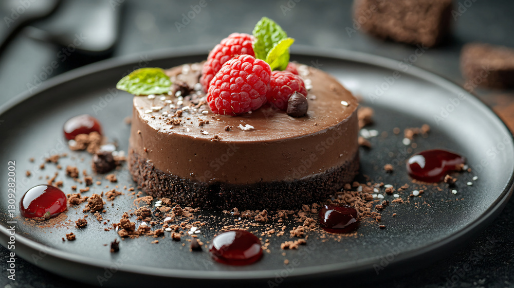 Decadent chocolate dessert artfully plated with raspberries and rich chocolate for an indulgent vegan experience Decadent chocolate dessert artfully plated with raspberries and rich chocolate for an indulgent vegan experience