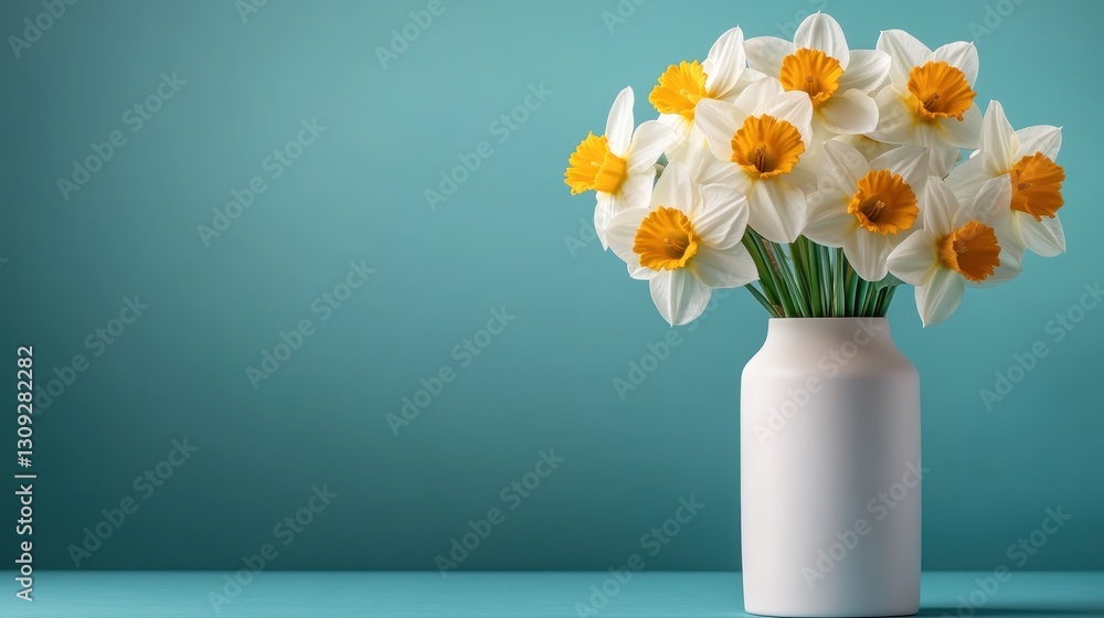 A vibrant bunch of daffodils stands tall in a simple vase against a striking teal backdrop, showcasing the elegance and charm of spring in an artistic setting. A vibrant bunch of daffodils stands tall in a simple vase against a striking teal backdrop, showcasing the elegance and charm of spring in an artistic setting.