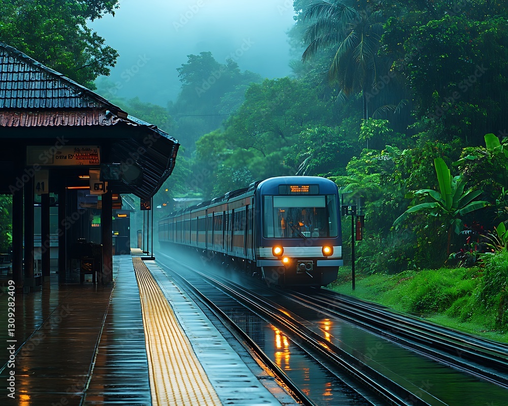 Fototapeta premium Train arriving at a tropical rain forest station.