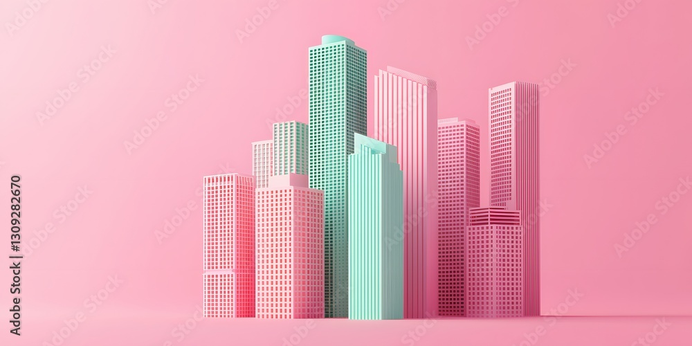 Colorful city skyline with modern buildings against a vibrant pink background during daytime Colorful city skyline with modern buildings against a vibrant pink background during daytime