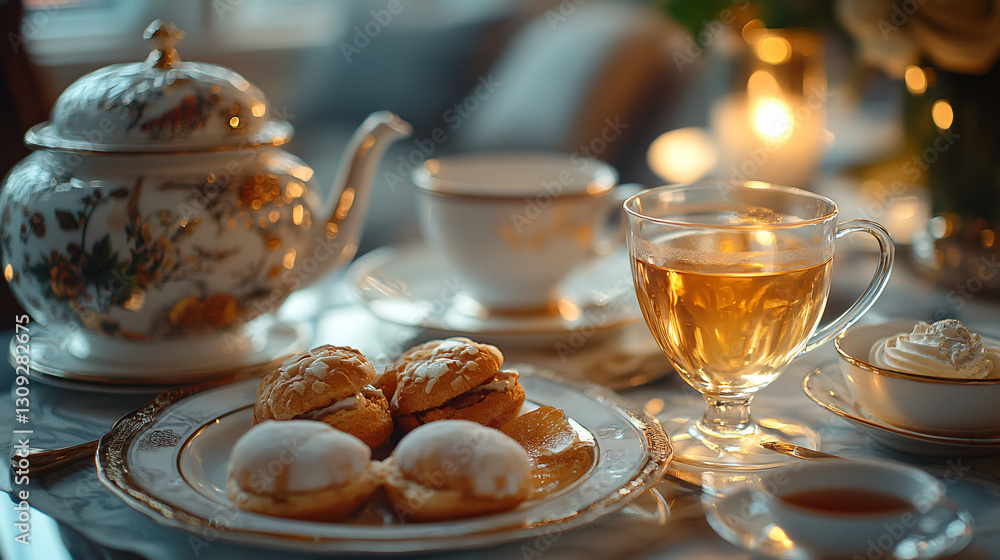Fototapeta premium Tasteful display of a complete tea set elegantly arranged on a table for a luxurious afternoon tea