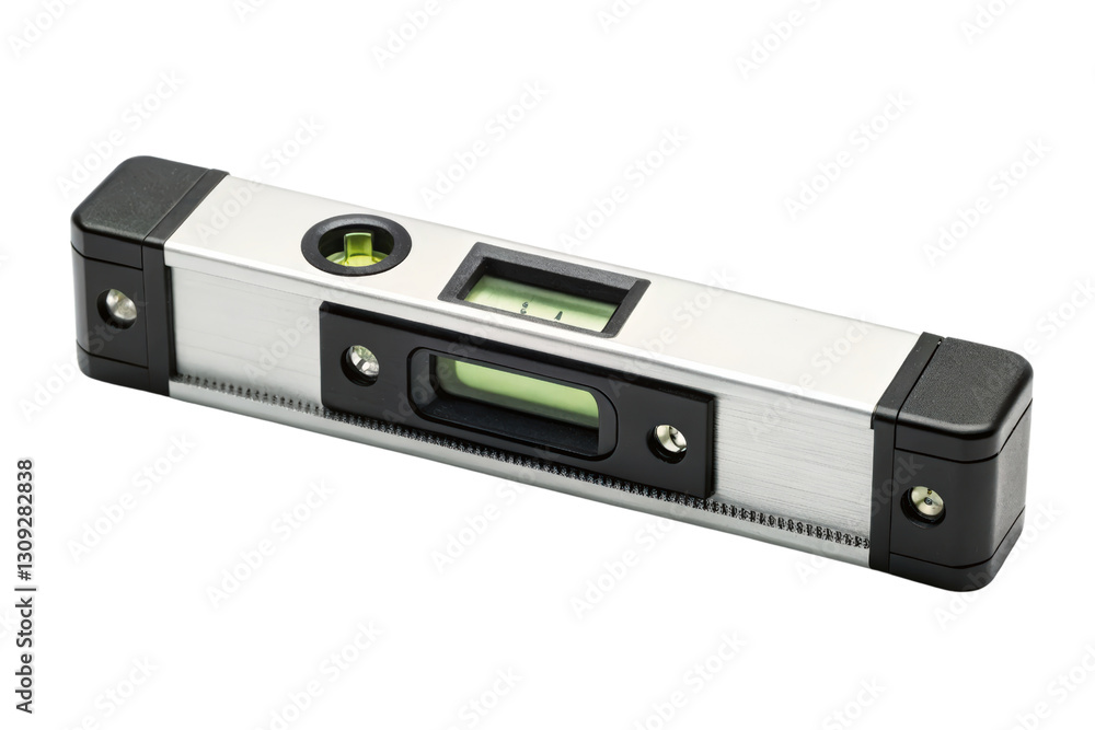 Aluminum spirit level with bubble vials for precise leveling isolated with transparent background Aluminum spirit level with bubble vials for precise leveling isolated with transparent background