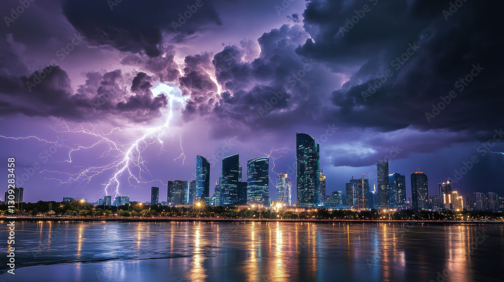 Fototapeta premium dramatic lightning storm illuminates night sky over modern cityscape, reflecting on calm water below. vibrant purple and blue hues create striking contrast with dark clouds