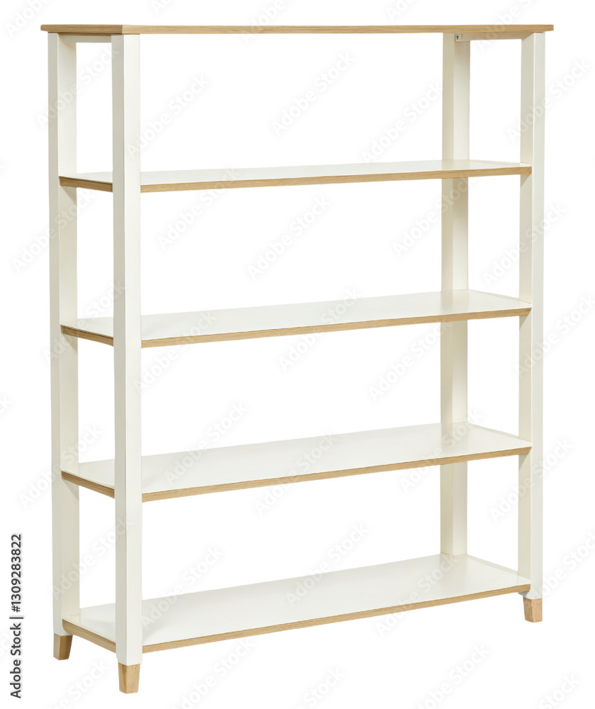White wooden bookshelf with four shelves isolated with transparent background White wooden bookshelf with four shelves isolated with transparent background