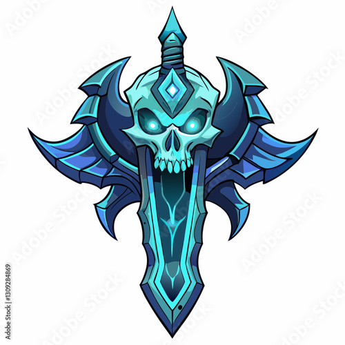 A dark tribal sword, etched with vibrant glowing blue runes, rests on a weathered stone.  Detail the runes clearly.