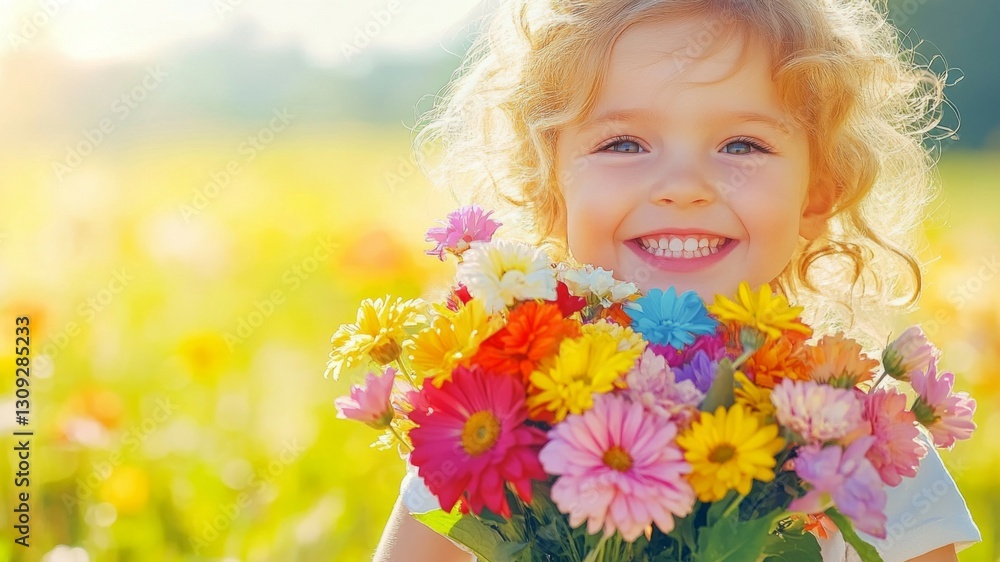 Smiling Girl Holding Colorful Flower Bouquet in Sunny Field Smiling Girl Holding Colorful Flower Bouquet in Sunny Field