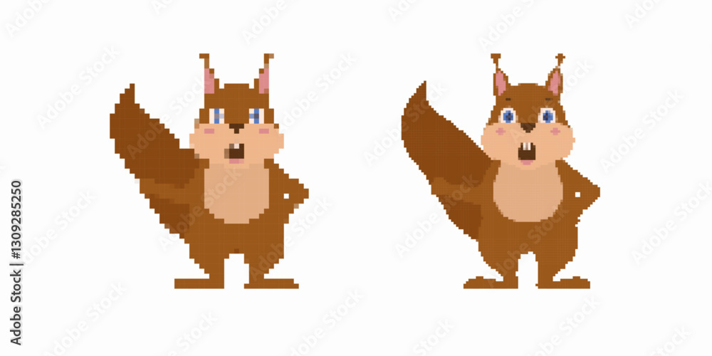 Fototapeta premium Two pixel art squirrels with large bushy tails face forward with hands on hips in similar poses.