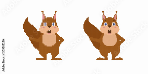 Two pixel art squirrels with large bushy tails face forward with hands on hips in similar poses.