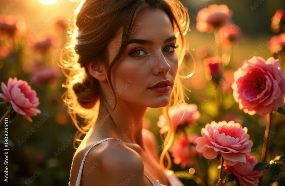 Naklejka premium Portrait of a woman surrounded by blooming roses during sunset glow