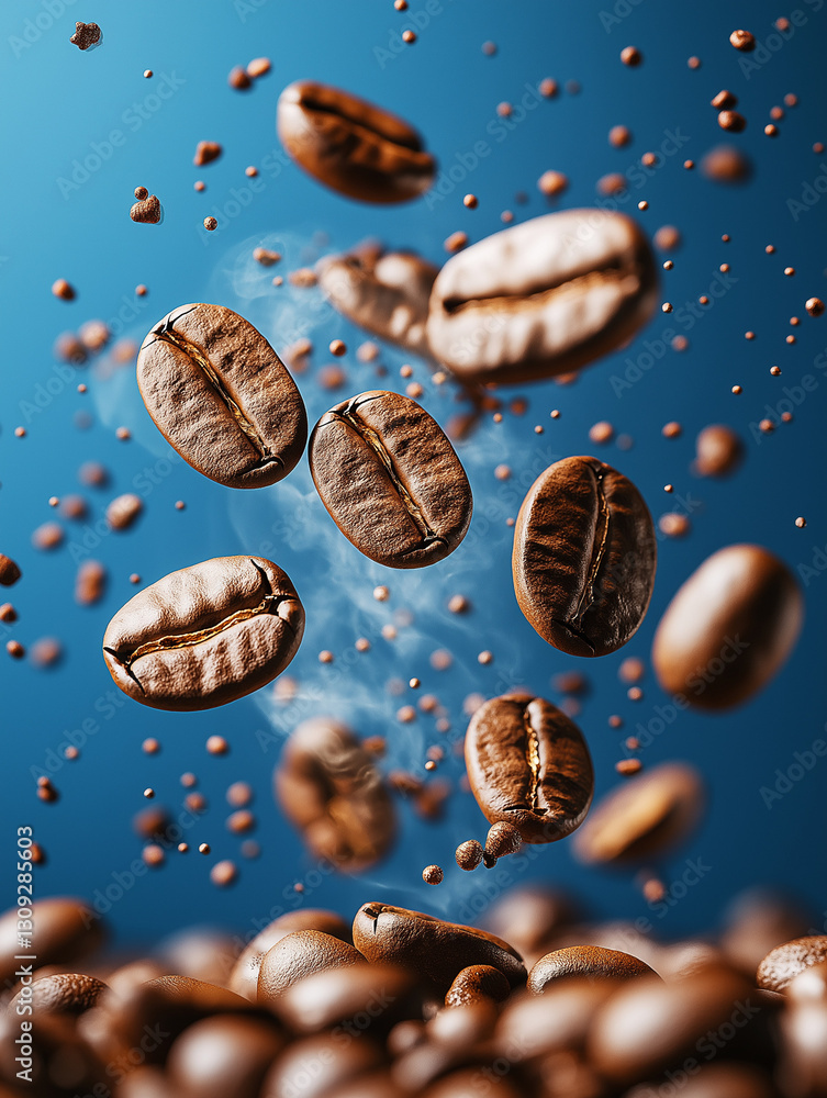Elevated Aroma: Coffee beans suspended in mid-air, accompanied by wisps of steam against a deep blue backdrop, capturing the essence of freshness. Elevated Aroma: Coffee beans suspended in mid-air, accompanied by wisps of steam against a deep blue backdrop, capturing the essence of freshness.