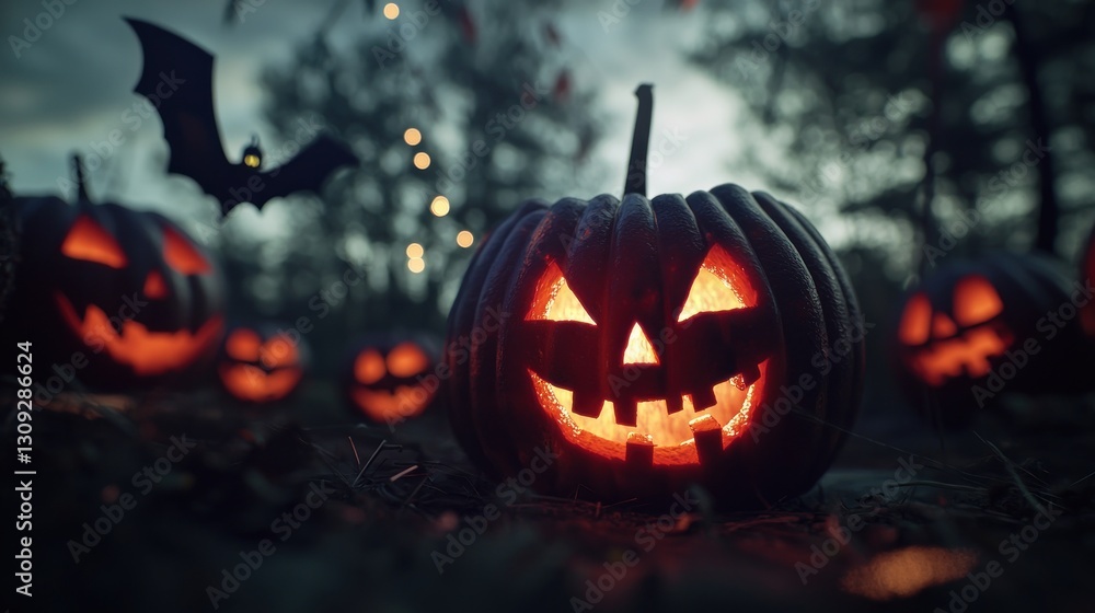 Illuminated jack-o'-lanterns in spooky forest Halloween scene Illuminated jack-o'-lanterns in spooky forest Halloween scene