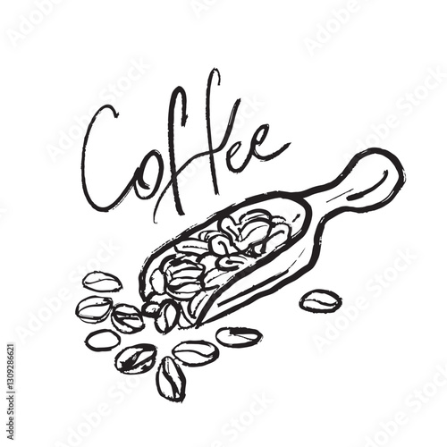 Coffee beans scoop black drawing in black brush stroke texture isolated on white background. Hand drawn vector sketch illustration in vintage charcoal ink. Poster design, menu, symbol
