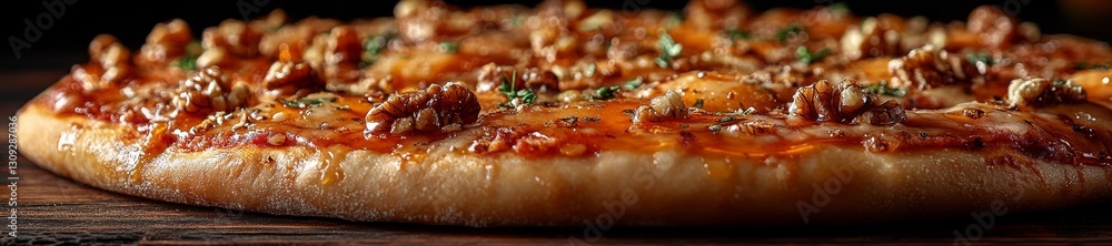Close-up of a fresh pizza with walnuts and rosemary perfect for a cozy dinner. Generative AI Close-up of a fresh pizza with walnuts and rosemary perfect for a cozy dinner. Generative AI