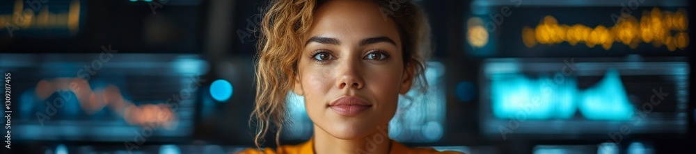 Fototapeta premium Focused young woman analyzing data in a futuristic office with dynamic digital displays in the background. Generative AI