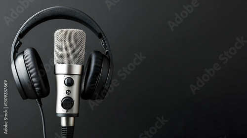 Professional Studio Microphone and Headphones on a Black Background