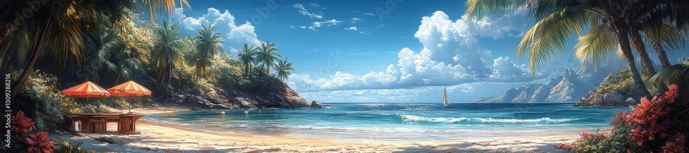 Obraz premium Tropical Beach Bar with Umbrellas and Palm Trees. Generative AI