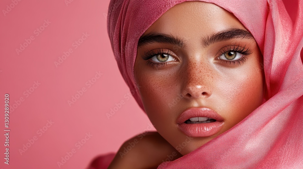 A striking close-up of a woman wearing a pink hijab, featuring captivating green eyes and glossy lips against a vibrant pink backdrop that radiates warmth and elegance. A striking close-up of a woman wearing a pink hijab, featuring captivating green eyes and glossy lips against a vibrant pink backdrop that radiates warmth and elegance.