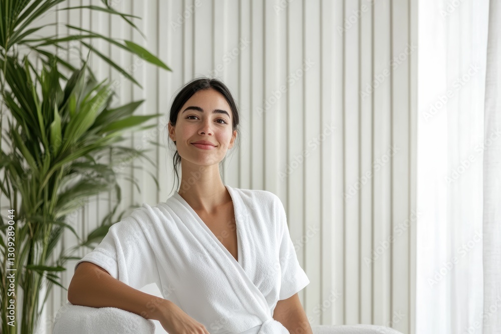 Happy woman enjoying relaxation in a modern spa salon with minimalist design Happy woman enjoying relaxation in a modern spa salon with minimalist design