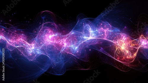 Glowing molecule clusters in deep blue and purple hues, symbolizing quantum mechanics and physics.
