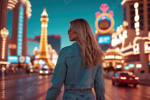 Woman walks through vibrant Las Vegas strip at dusk with colorful lights illuminating surroundings