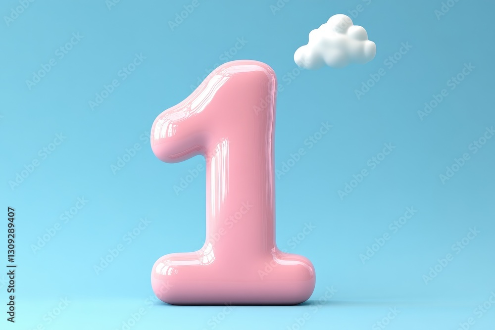 A pink number one and a white cloud on blue background A pink number one and a white cloud on blue background
