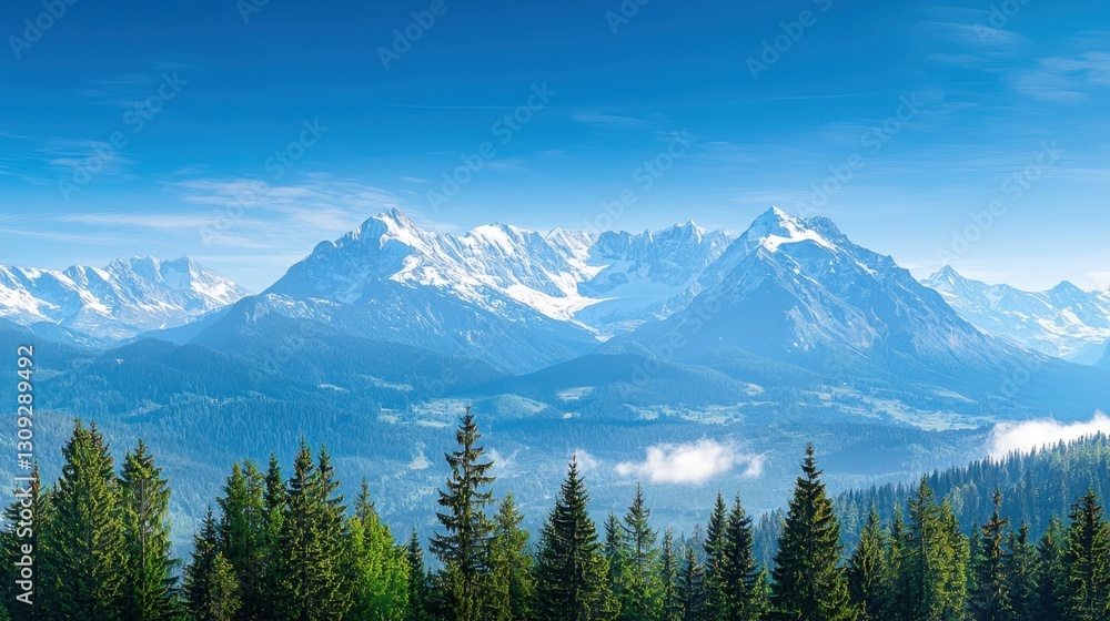 snow-capped mountain range under a clear blue sky, pine trees in the foreground, expansive view offering ample copy space, crisp and serene environment