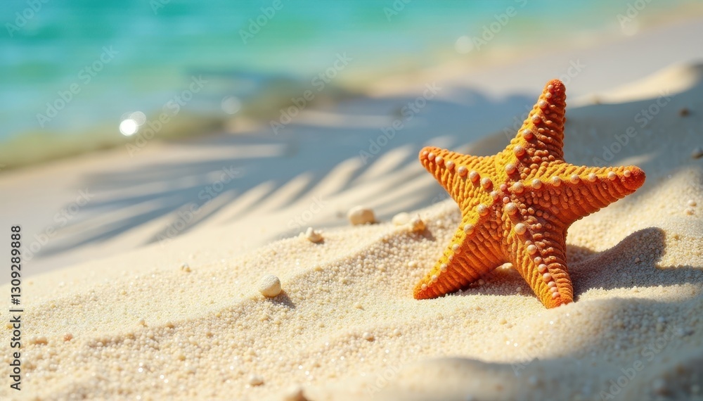 Starfish on sandy beach, palm tree shadow nearby , coast, palm tree, seascape Starfish on sandy beach, palm tree shadow nearby , coast, palm tree, seascape