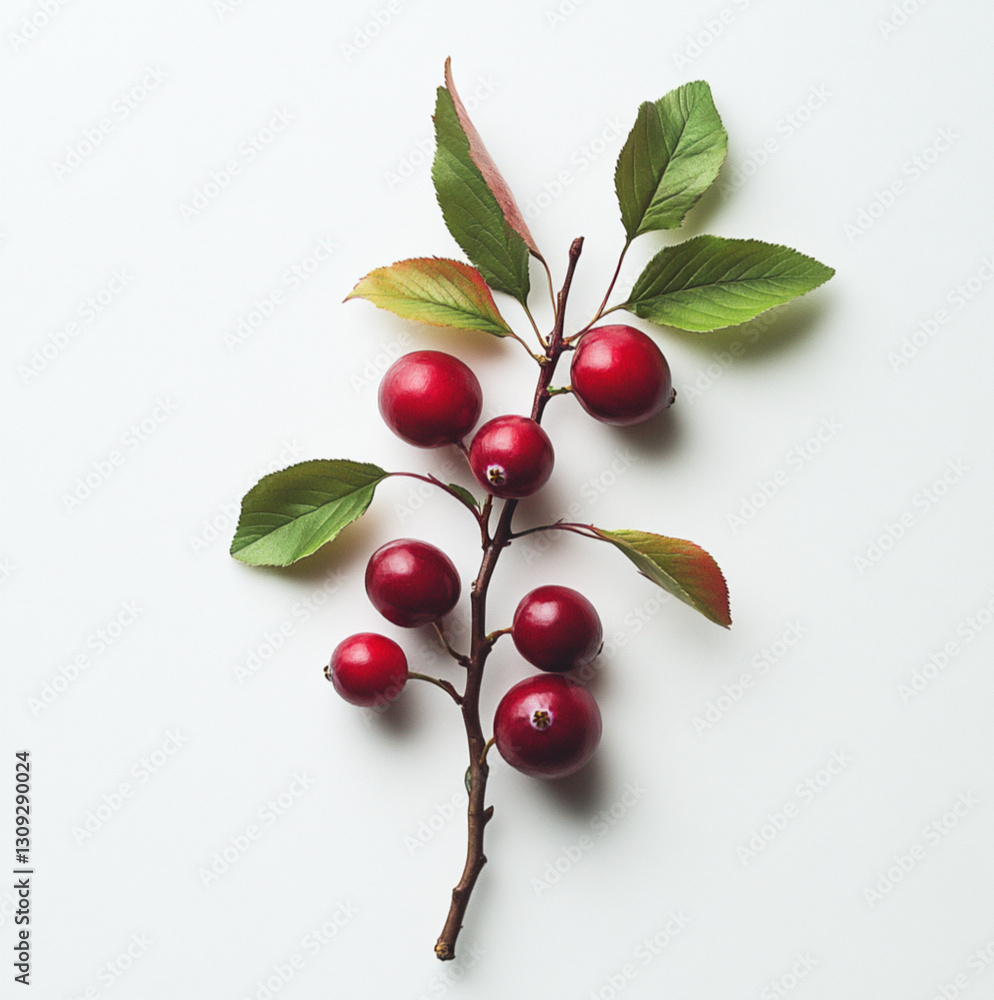 a fresh cranberry branch on a rich blue background. The berries have a bright, saturated red color with a natural shine, juiciness and freshness. The leaves on the branch look crispy and natural a fresh cranberry branch on a rich blue background. The berries have a bright, saturated red color with a natural shine, juiciness and freshness. The leaves on the branch look crispy and natural