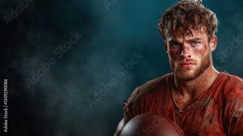 A determined football player, highlighted with intense expressions and dirt, stands holding the ball against a dark smoky background, showcasing inner strength and resolve. photo