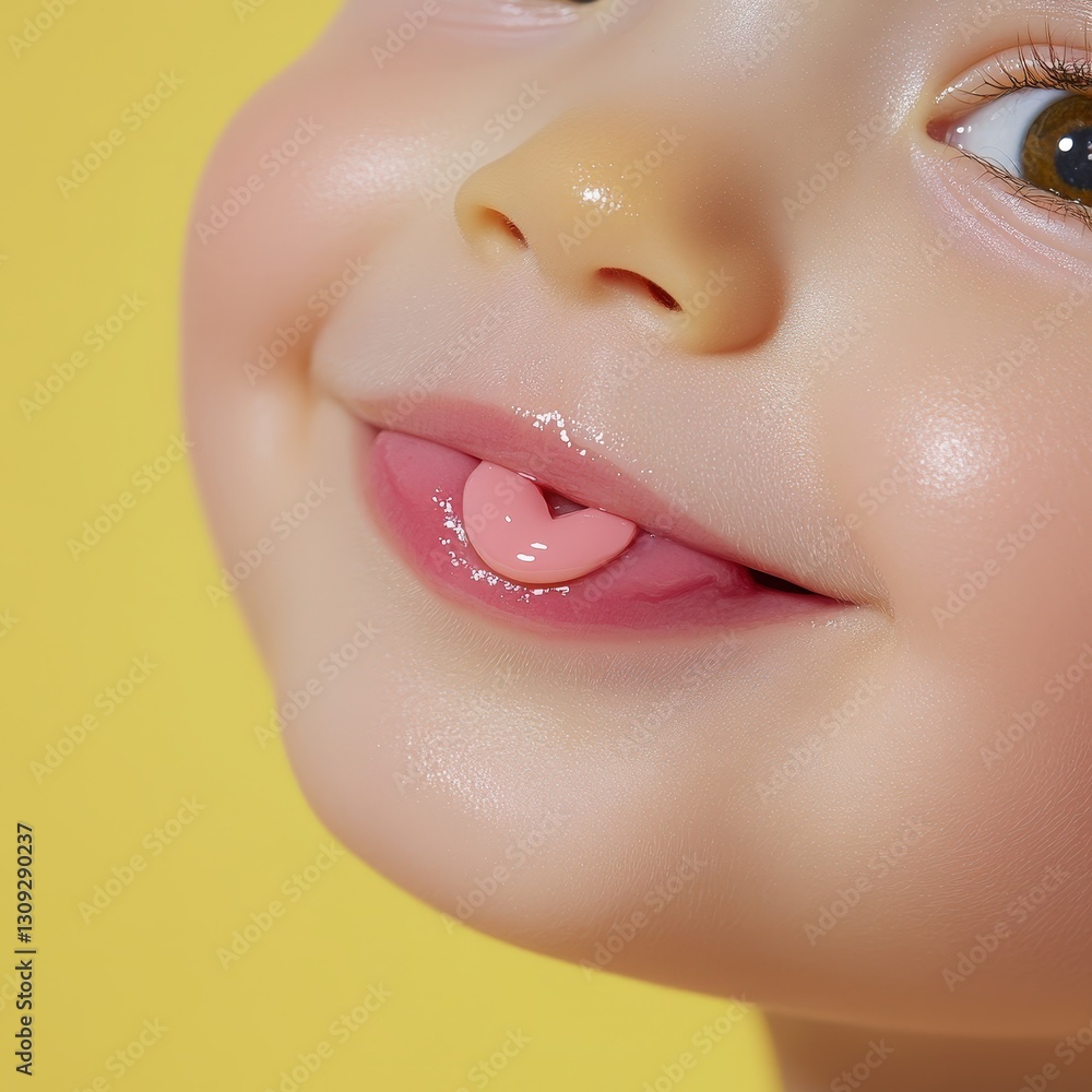 Close-up of a happy baby's face with a heart-shaped object on its tongue. Close-up of a happy baby's face with a heart-shaped object on its tongue.