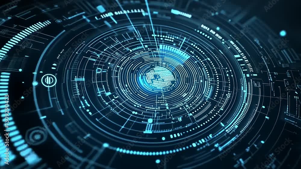 Abstract futuristic digital interface with glowing circular patterns and data streams Abstract futuristic digital interface with glowing circular patterns and data streams