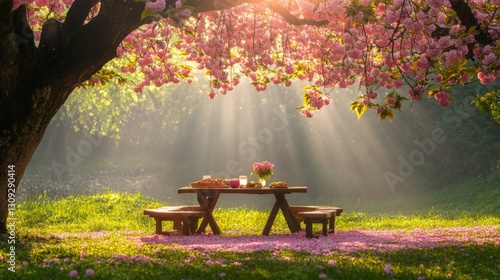 Peaceful Spring Picnic Under Cherry Blossom Tree