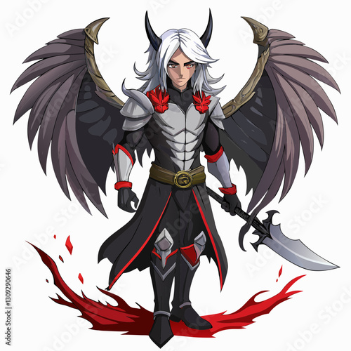 A majestic fallen angel, now demon lord, lies defeated, one tattered black wing splayed across decaying earth.  Dark, brooding atmosphere.