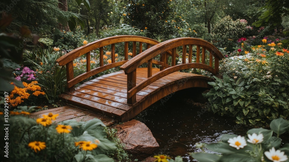 Wooden Bridge in a Lush Garden with Flowers Wooden Bridge in a Lush Garden with Flowers