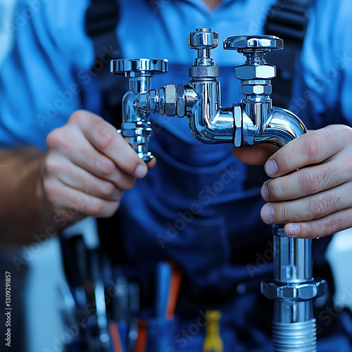 Closeup of a plumbers hands expertly working on a chrome faucet, showcasing precision and professionalism.  Perfect for illustrating plumbing repair, maintenance, or home improvement concepts.