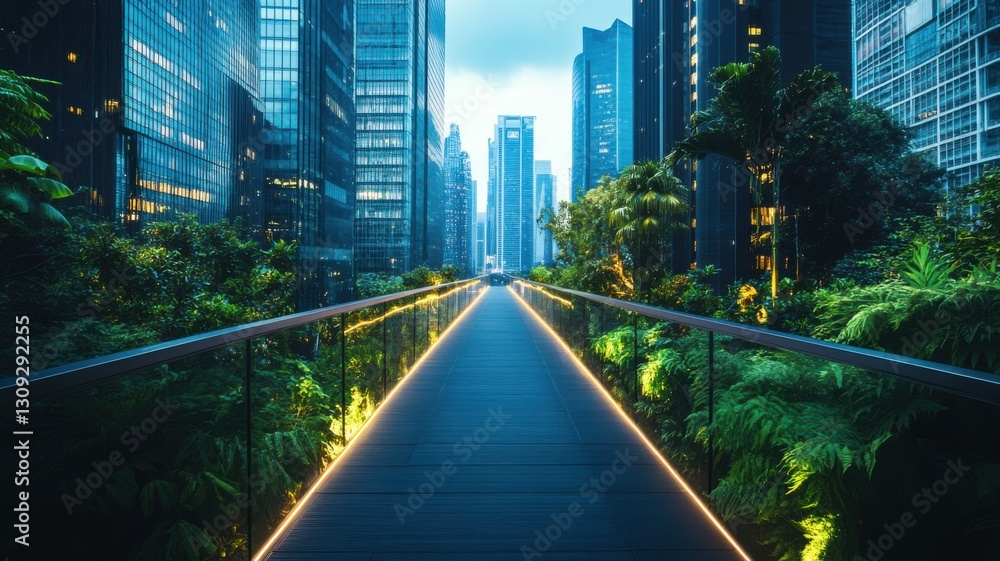 Fototapeta premium Futuristic urban jungle walkway with illuminated path in modern cityscape. 3D urban landscape