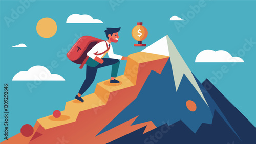 An illustration of a student climbing up a mountain symbolizing the hurdles and challenges of financing education and how peertopeer lending can help. Vector illustration