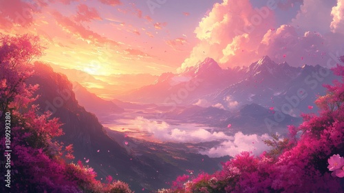 Pink Cherry Blossoms and Mountain Sunset Landscape