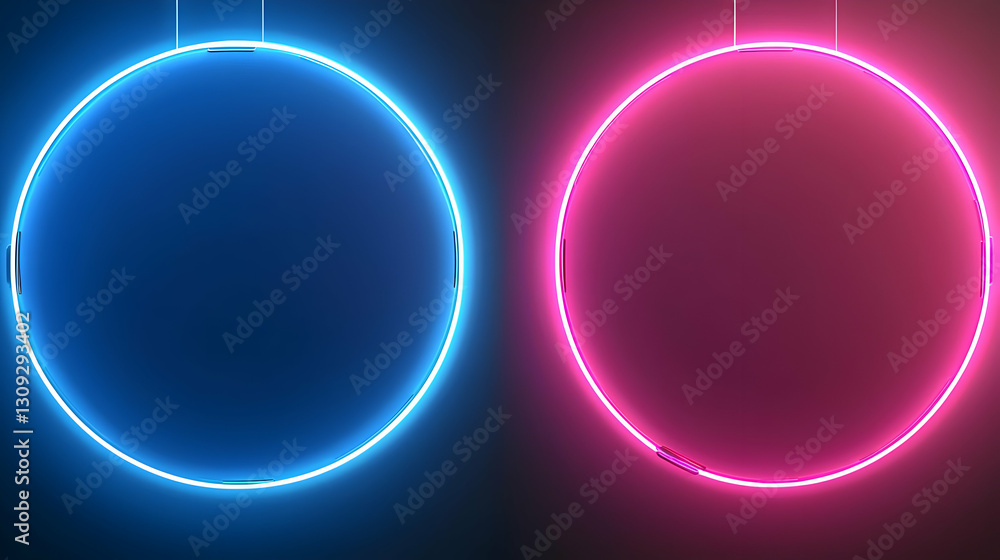 Fototapeta premium Dual Glowing Neon Circles in Blue and Pink Against Dark Background Reflecting Abstract Technological Energy
