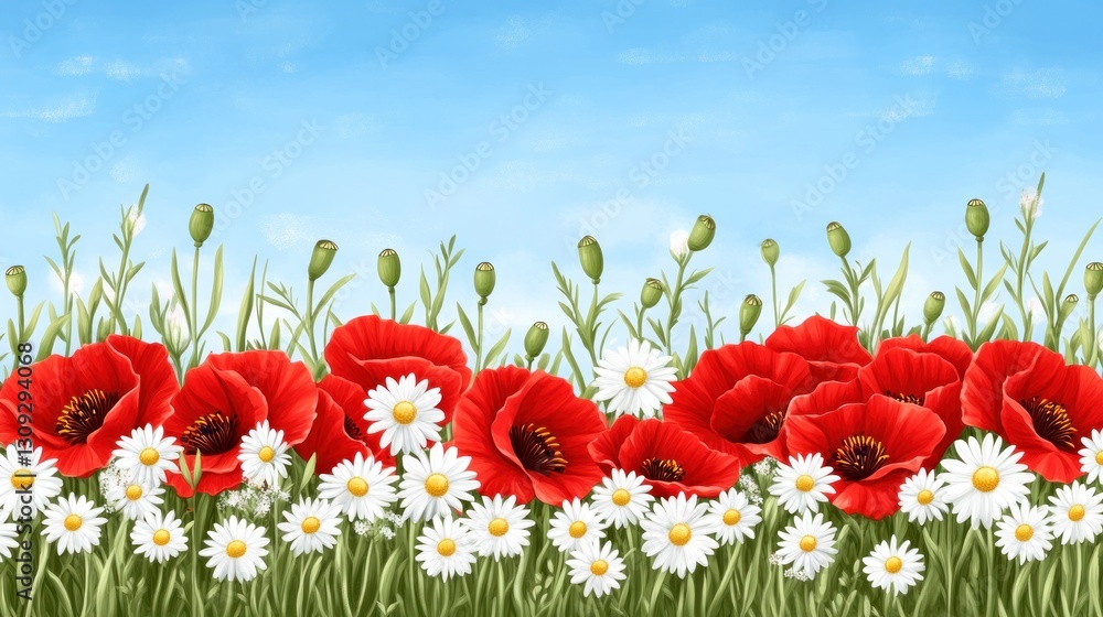 Floral border for cards Poppies and daisies in a field under a blue sky. Background art Floral border for cards Poppies and daisies in a field under a blue sky. Background art