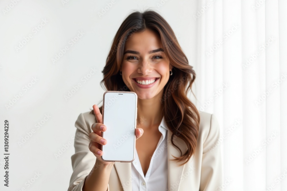 Smiling woman holds smartphone in bright room Smiling woman holds smartphone in bright room