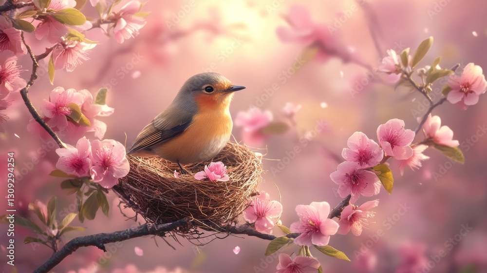 Small Bird in Nest Among Pink Cherry Blossoms Small Bird in Nest Among Pink Cherry Blossoms