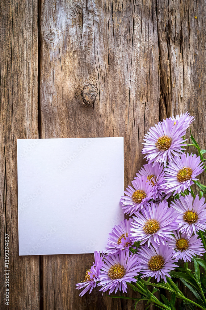 Vertical Asters on wooden textured brown background. Festive holiday greeting card for Birthday, Woman or Mothers Day, blank copy paper and a greeting card. View from above. Vertical Asters on wooden textured brown background. Festive holiday greeting card for Birthday, Woman or Mothers Day, blank copy paper and a greeting card. View from above.
