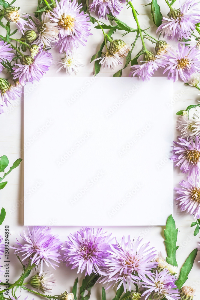 Obraz premium Vertical Asters springtime scenery, nature background. Festive holiday greeting card for Birthday, Woman or Mothers Day, blank copy paper and a greeting card. View from above.