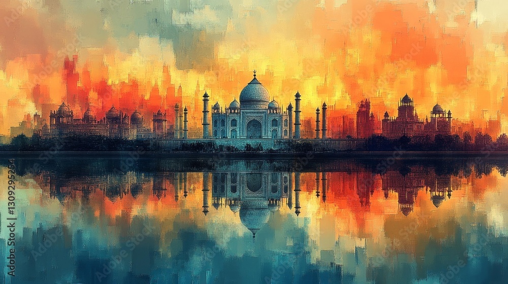 Fototapeta premium Vibrant artistic painting of the Taj Mahal with bold colors representing India's heritage and pride. Generative AI