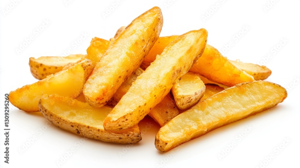 Golden-brown fried potato wedges are piled high in an inviting manner against a crisp white backdrop, highlighting their crispy texture and delectable appeal