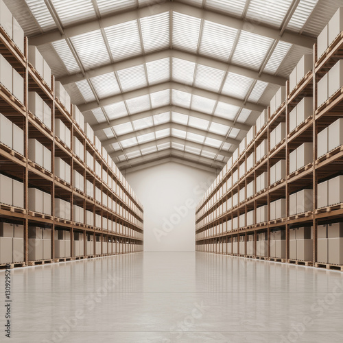 Wallpaper Mural spacious warehouse with organized shelves and bright lighting. Warehouse and fulfillment systems with glowing automation Torontodigital.ca